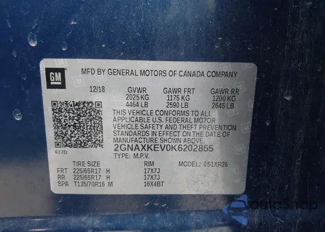 2019 Chevrolet Equinox Lt из США, поврежденный, VIN 2GNAXKEV0K6202855